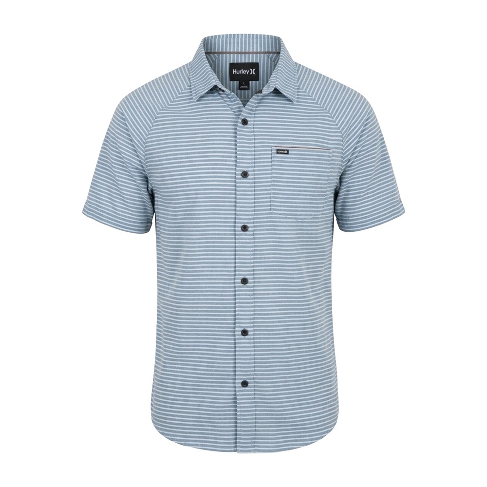 Hurley‎ Mens Short Sleeve Button Down Striped Raglan Shirt Blue White Large